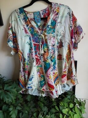 Johnny Was Cream Multicolor Floral Eyelet Tassel Blouse